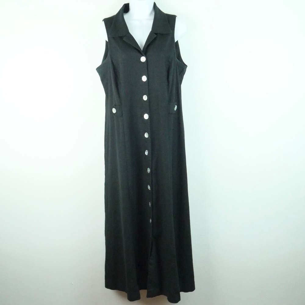 Vintage Black Linen Blend Button Down Maxi‎ Dress Sleeveless Collared 16 90s